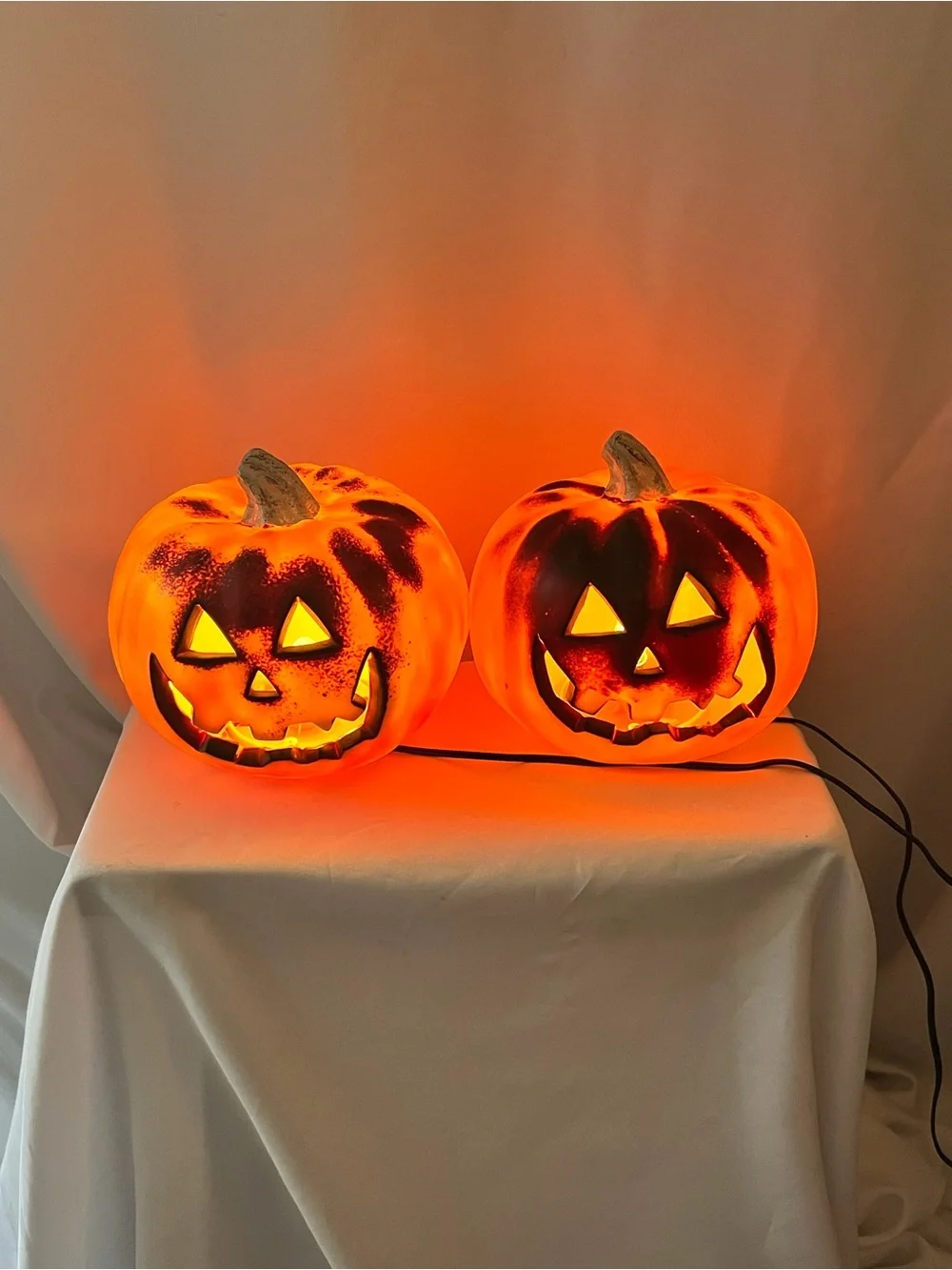 Vintage Pair Lighted Jack O’ Lantern Pumpkin Halloween Blow Mold Table Decor